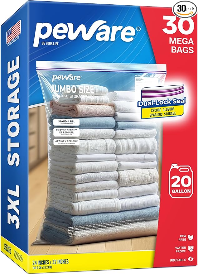 Jumbo 20 Gallon Size Zip Bags with Double Zippers, Clear Plastic Storage Bags for Household and Travel Use, Clothes and Toys, Large Assorted Sizes for Moving and Organization 24"x32" [30 COUNT]