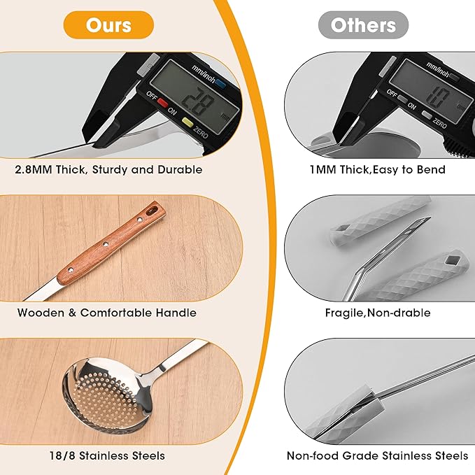 FJNATINH Kitchen Utensils Set, Wok Spatulas, Ladle, Skimmer Spoon, Slotted Turners, Heat Resistant Stainless Steel Wok Tools for Serving, Cooking, Stirring, 4Pcs