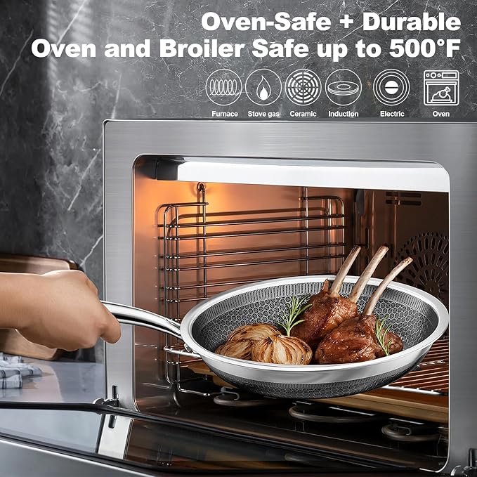 Fogdream 8” Stainless Steel Pan, Non Stick Frying Skillet with Lid, Tri-Ply Stainless Steel for All Cooktops, Dishwasher and Oven-Safe Cooking Pan, Stay-Cool Handle, Silver