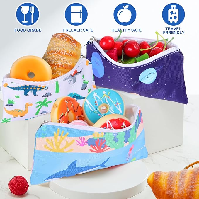Chumia 6 Pcs Reusable Snack Bags Christmas Gifts Food Safety Washable Snack Bags Lunch with Zipper Portable Sandwich Bag Food Storage Pouch Double Layer(Stylish,6.9 x 3.7 Inches)