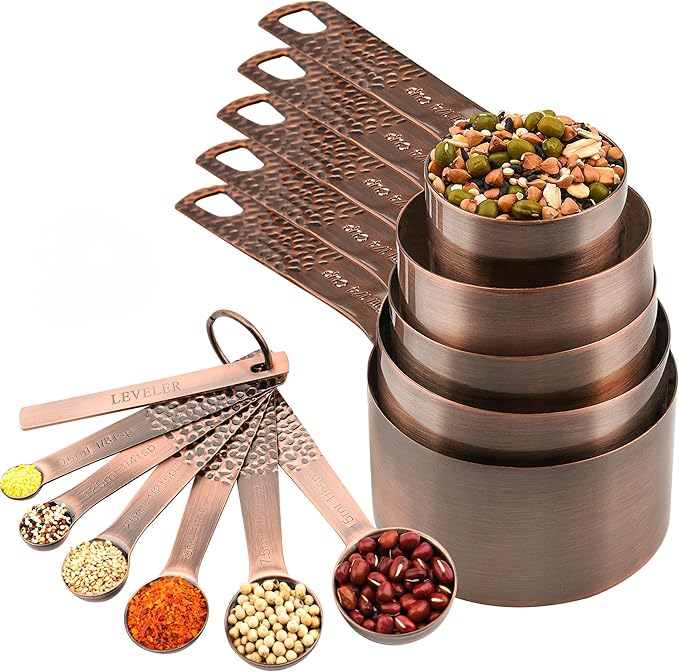 Smithcraft Measuring Cups and Spoons Set 12, Copper Measuring Cups and Spoons for Dry & Liquid, Stainless Steel 5 Measure Cup & 6 Measure Spoons w/Leveler for Kitchen&Baking