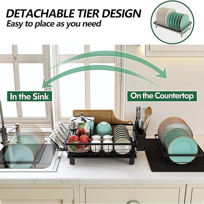 Large Dish Drying Rack for Kitchen Counter, Detachable Large Capacity Dish Drainer Organizer, 2-Tier Dish Racks with Utensil Holder