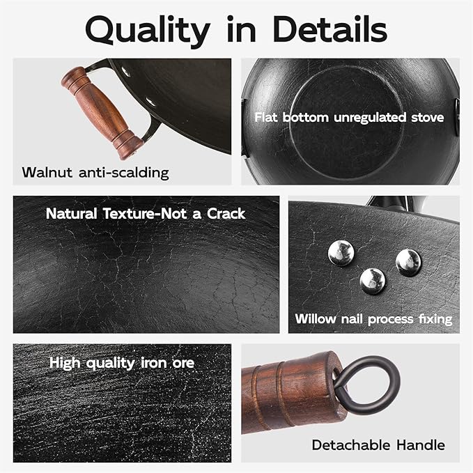 WANGYUANJI 14.2 Inch Cast Iron Wok with Wooden Lid and Stainless Steel Spatula, Large Capacity Flat Bottom Chinese Stir Fry Pan, Non-Toxic Uncoated Cast Iron Wok for Induction, Gas and Electric Stoves