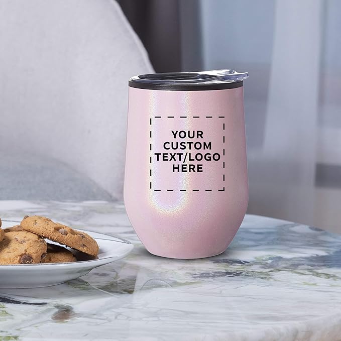 Custom Palmera Stemless Wine Tumblers with Lids 12 oz. Set of 6, Personalized Bulk Pack - Perfect for Wine, Cocktails, Other Hot & Cold Beverages - Iridescent Pink