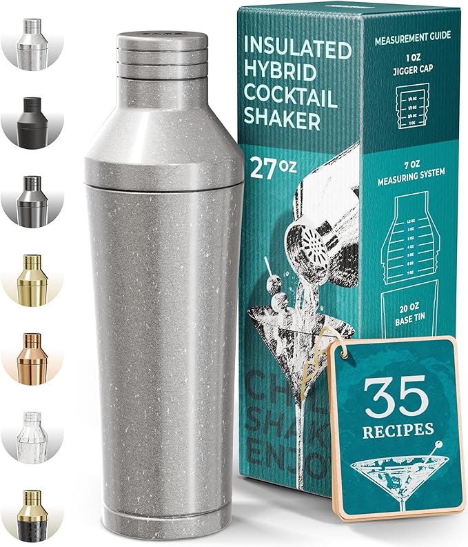 Insulated Cocktail Shaker Set | Double Wall Stainless Steel | Martini Shaker for Home Bar Bartending | Built-in Drink Measurement System & Strainer, Travel Bag, 35 Recipes | Gift Set (Antique Silver)