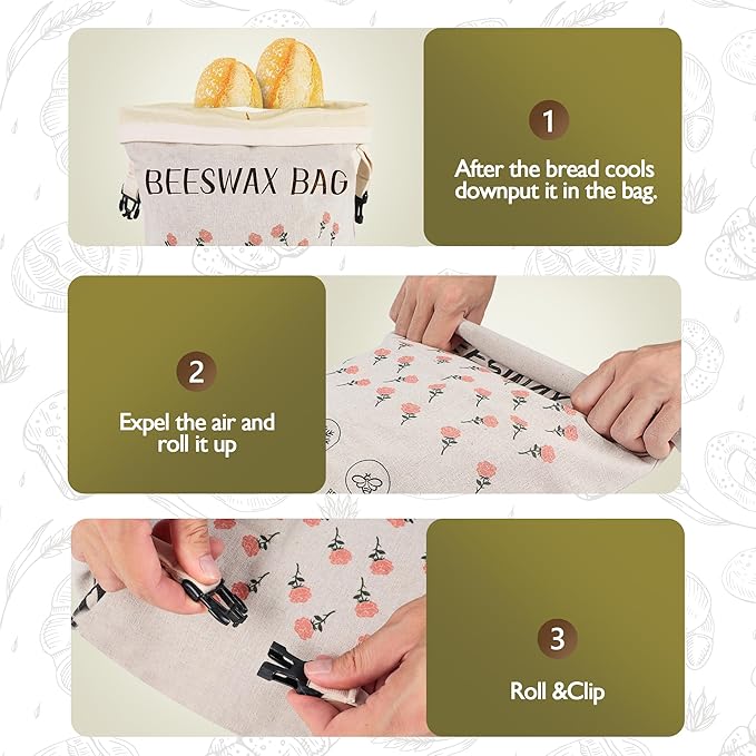 2-Pack Reusable Beeswax Bread Bags for Homemade Bread Sourdough, 2 Natural Beeswax 100% Linen Moisture-proof Lined Storage Bags with Buckle& 1 Bowl Covers –Easy to Clean,Safe,Keeps Bakes Fresh Longer
