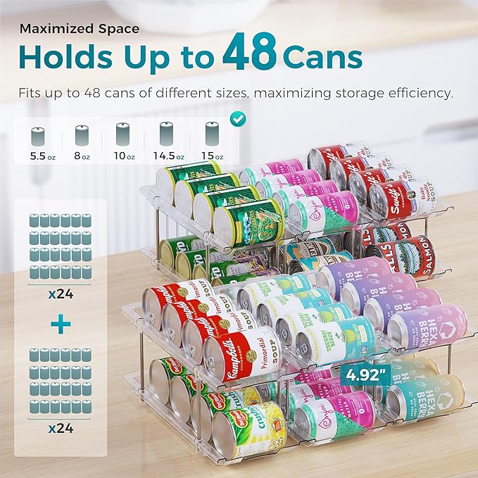 oylik Can Organizer for Pantry, 4 Tiers Can Storage Rack, up to 48 Cans Food Holders for Fridge, Cabinet and Pantry Organization