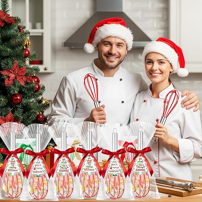 12 Sets 10 Inch Christmas Whisk Baking Gifts, DIY Fillable Christmas Tree Ornaments, Xmas Colored Silicone Whisks for Xmas Employee Neighbor Cooking Supplies Xmas Stocking Stuffers Candy Holder