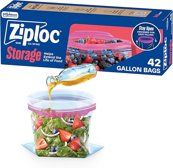 Ziploc Gallon Food Storage Bags, Stay Open Design with Stand-Up Bottom, Easy to Fill, 42 Count (Packaging May Vary)
