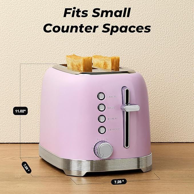 Toaster 2 Slice Retro Stainless Steel with 1.5” Extra Wide Slots Bagel, Defrost, Reheat, Cancel Functions, 6 Bread Shade Settings, Removable Crumb Tray, Pastel Pink