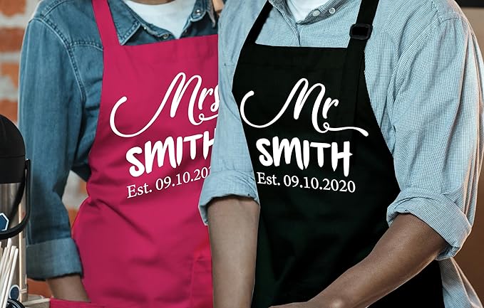Newlywed Aprons for Couples, Personalized Mr and Mrs Gifts, Custom Apron Set for Couple, Anniversary, Christmas, Bridal Shower Gifts For Bride