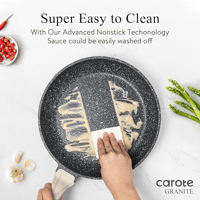 CAROTE Non Stick Frying Pan Skillet,12" Nonstick Fry Pan with Glass Lid, Egg Pan Omelet Pans, Granite Cookware Chef's Pan, PFOA Free (Classic Granite, 12-Inch)
