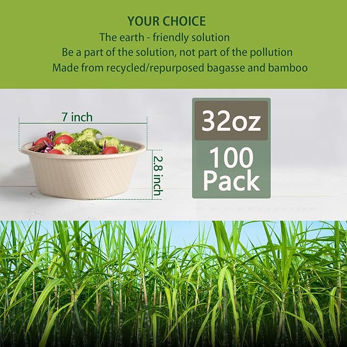 32 Ounce Large Paper Bowls Disposable Soup Bowl Disposable Heavy Duty Compostable Bowls, Eco-friendly Sugarcane and Bamboo Bagasse Biodegradable Bowl for Soup, Salad, Dessert, Ice Cream [100 Pack]