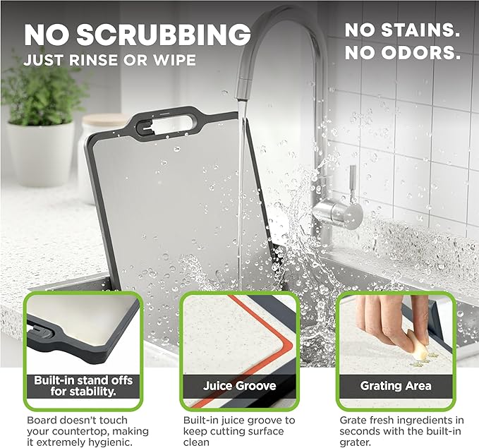 Double-Sided Titanium Cutting Board with Stand, Knife Sharpener, Grater & Storage Bag | Non-Toxic Titanium + Wheatstraw PP Chopping Board | Healthy Kitchen Accessory for Meat, Vegetables & Fruit