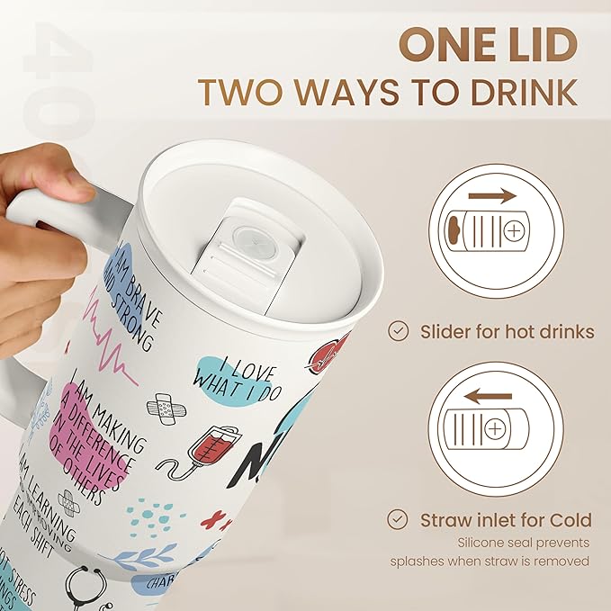 SANDJEST Nurse Tumbler with Handle 40oz, Coffee Travel Mug with Straw, Inspiration Gifts for Women Female Nurses, Nursing Gift for Birthday Christmas Nurse Week