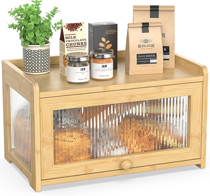 BAMBANG Extra Large Bamboo Bread Box for Kitchen Counter, Bread Storage Container Farmhouse Bread Box with 4 Sides Transparency, Wooden Breadbox Bread Bin Holder for Homemade Bread, Natural