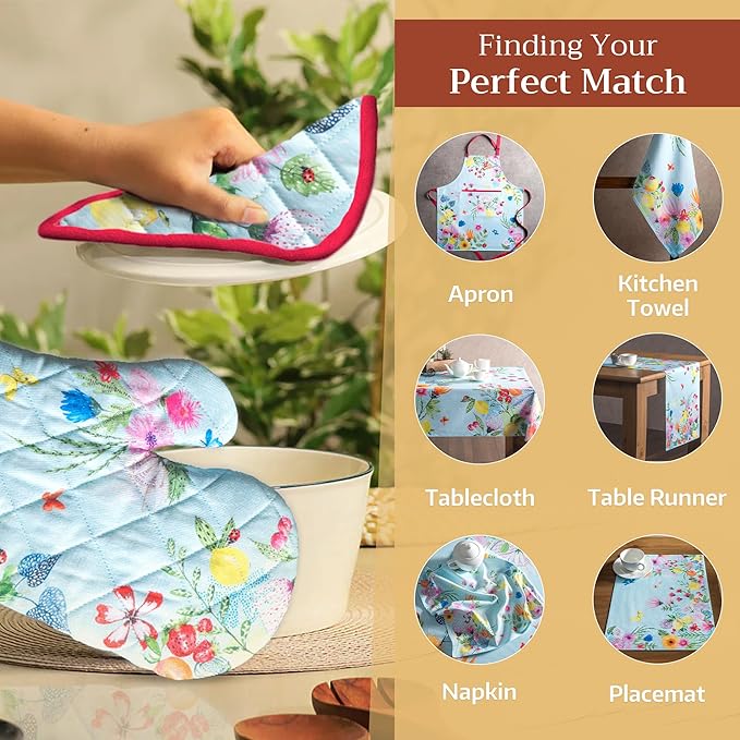 Maison d' Hermine Oven Gloves 100% Cotton Oven Mitt 7" x 13" with Loop Heat Resistant, BBQ, Cooking Gloves, Baking, Grilling, Kitchen, Handling Hot Pans Spring/Summer (Pack of 1, Jardin D'Ete - Mint)