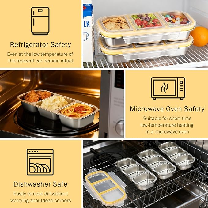 3 Pack Stainless Steel Snack Containers with Lids, Reusable Metal Food Storage Containers, 3 Compartment Leakproof Snack Box, Portable Bento Lunch Snack Boxes for Home, Travel, Outdoor and Camping