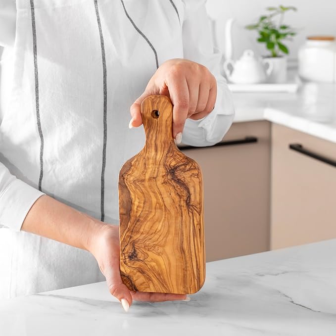 Olive Wood Cutting Board - 23cm (9.05") Handmade Mediterranean Olivewood Chopping Board with Hanging Hole - Durable Eco-Friendly Kitchen Board with Natural Beeswax Finish