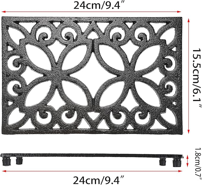Sumnacon 9.4 x 6.1 Inch Cast Iron Trivet 2 Pack Iron Trivets for Hot Dishes Pots Pans Plates Teapots with Rubber Feets, Sturdy Metal Trivet for Kitchen Dining Table Cooktop, Black