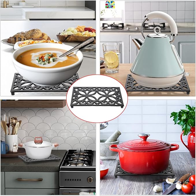 Sumnacon 9.4 x 6.1 Inch Cast Iron Trivet 2 Pack Iron Trivets for Hot Dishes Pots Pans Plates Teapots with Rubber Feets, Sturdy Metal Trivet for Kitchen Dining Table Cooktop, Black