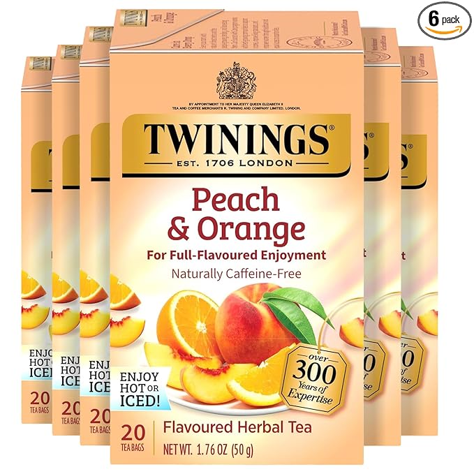 Twinings Peach & Orange Herbal Tea Individually Wrapped Bags, 20 Count (Pack of 6), Juicy & Fruity, Naturally Caffeine-Free, Enjoy Hot or Iced, 120 Teabags