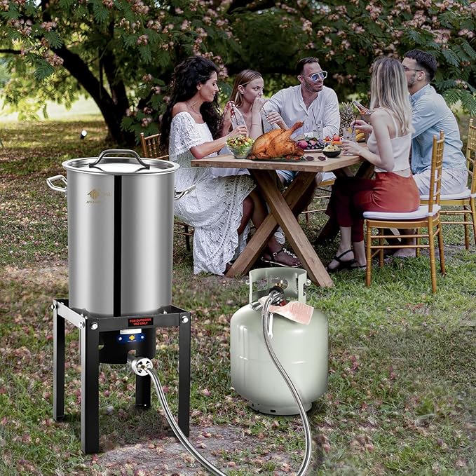 ARC Stainless Steel Stock pot with Propane Burner, Seafood Boil Pot with Basket and Steamer, Cookware for Crawfish Crab Shrimp Lobster Boiling Pot, Turkey Fryer Pot (SS Pot with Alloy Steel Burner)