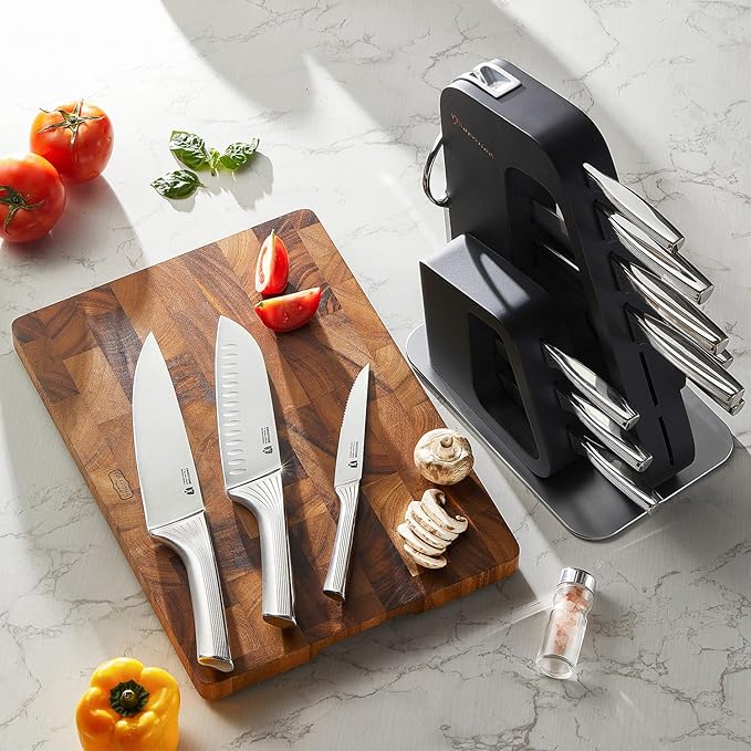 KINGSTONE 14 Pcs Kitchen Knife Set with Block, German Stainless Steel Knife Set with Built-in Sharpener, Dishwasher Safe Knife Block Set (Black, 14pcs)