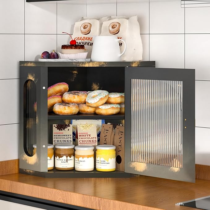 Corner Bread Box for Kitchen Countertop, Large Wooden Bread Box, Double Layer Bread Storage Bin, Bamboo Breadbox for Homemade Bread, Farmhouse Kitchen Organizer with Acrylic Window