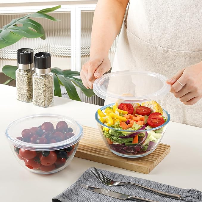NUTRIUPS Glass Bowls Set Cereal Bowl Glass Salad Bowls Small Bowl for Kitchen (30oz-2pcs with lids)