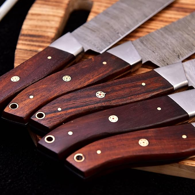 HM-(Brown) Custom Made Damascus Steel #6 Pcs of Professional Utility Kitchen knives Set Comes with Sweet Leather Roll Kit (3712)