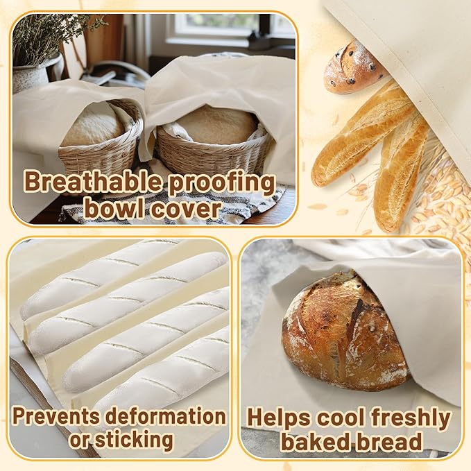 3pcs 100% cotton Tea Towels for Baking Sourdough - 28" Unbleached Bread Basket Flour Sack Towels, Proofing Cover Cloth for Dough Raising Baguettes Loaves Ciabatta, Bread Making Accessories Bakers Gift