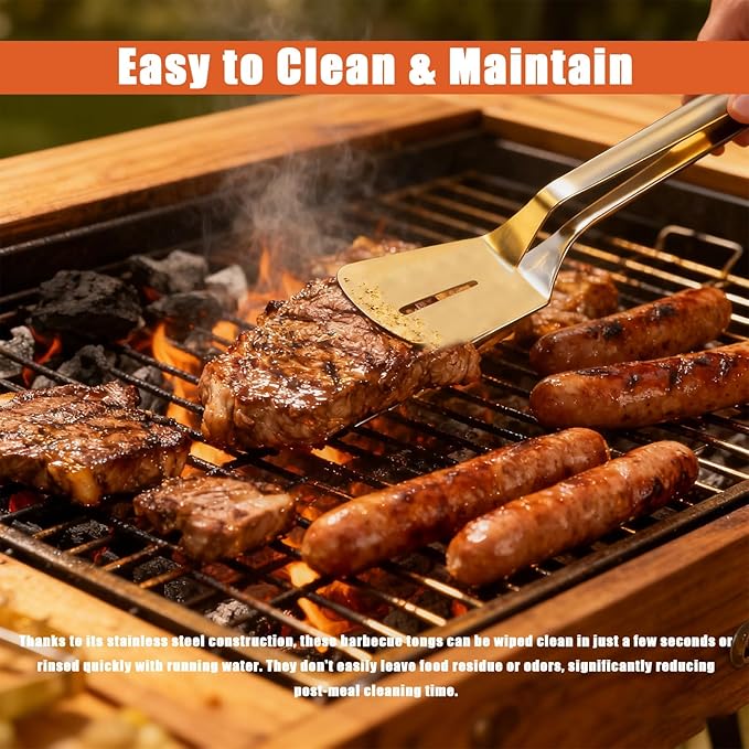Stainless Steel Grill Clamp, 11.8 in Anti-Scald Extended Handle Spatula Tongs, Multifunctional Stainles Steels Double-Sided Food Flipping Spatula Tongs Clip, for Flipping Steak, Fish (3, A, Short)