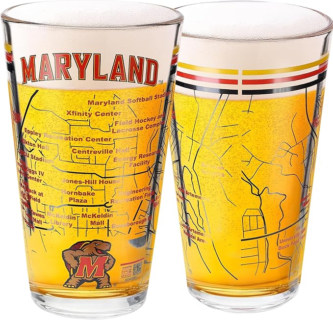 Greenline Goods – University of Maryland Terrapins College Pint Beer Glasses (Set of 2), 16 oz – Full-Color Logo + Campus Map