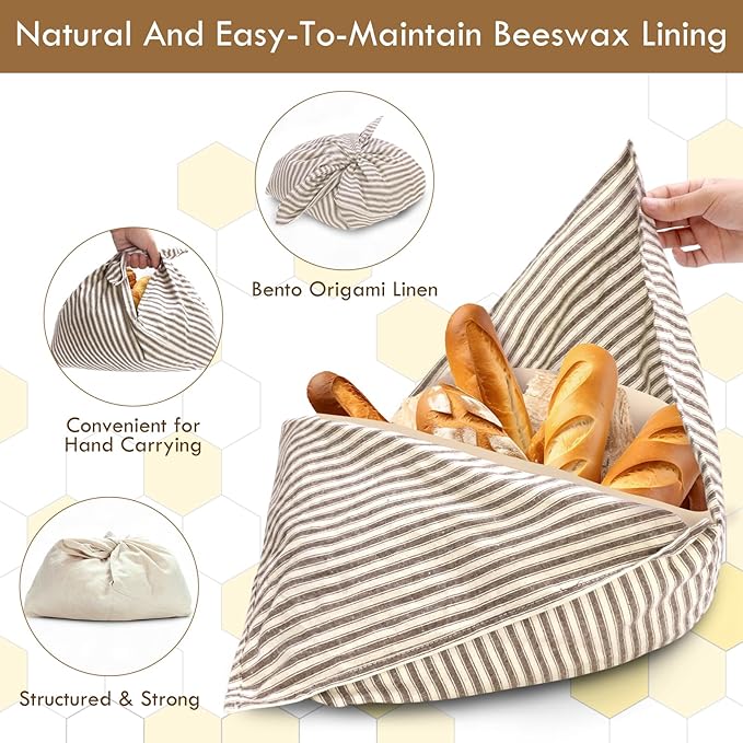 yeload 4 Pack Beeswax Bread Bags, Striped Linen Bento Bags, 14" Cotton Loaf Bag, Reusable Organic Food Storage, Sourdough Bag, Rustic Farmhouse Azuma Bukuro Origami Wrap for Baked Gifts (Black, 4)
