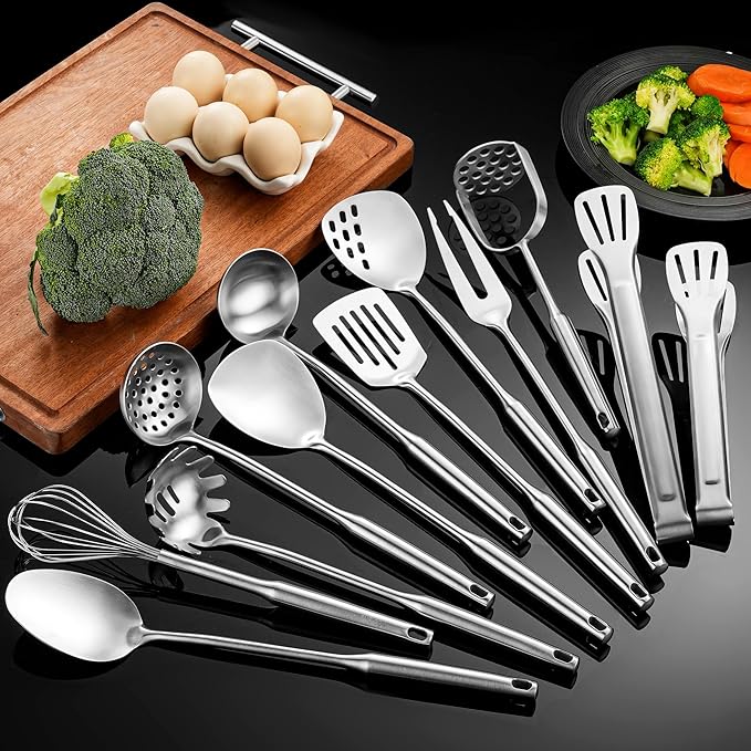 Stainless Steel Kitchen Utensils 12 Pcs, Small Cooking Utensils Set,Spatulas,Ladle,Skimmer,Tunners,Serving Spoon,Spaghetti Spoon,Fork,Potato Masher,Egg Whisk,Tongs,Dishwasher Safe