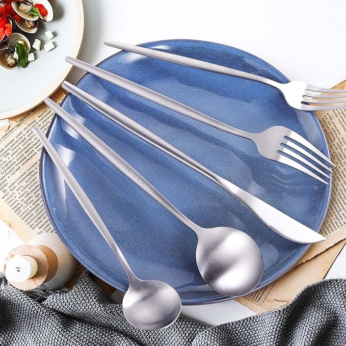 MIKIWAY 20-Piece Silverware Set for 4, Stainless Steel Flatware, Matte Cutlery Tableware, Kitchen Utensils Include Spoons and Forks, Satin Polished, Dishwasher Safe