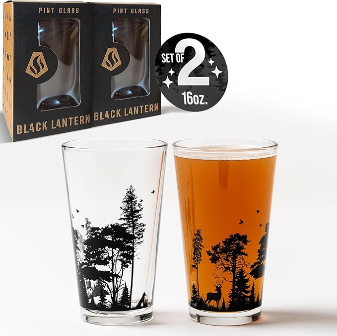 Pint Glasses by Black Lantern - Forest Animal Landscape Pint Glasses Set - 2 16oz. Beer Glasses