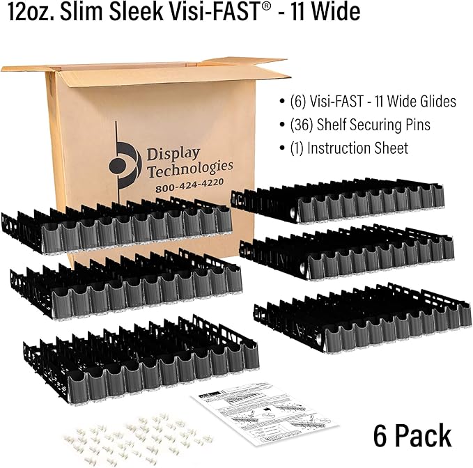 Display Technologies Drink Organizer for Fridge, Visi-Fast Spring-Loaded Beverage Glides for 12oz slim, 11-Wide, 24" D, 6-Pack