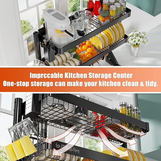 ZDRongZhen Over The Sink Dish Drying Rack,3 tier Full 304 Stainless Steel dish Drainer rack,Adjustable Length (22.8''~35.04'') Kitchen Storage Counter With Cup Hanging Set and Hooks (Black-3Tier)