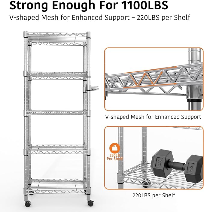 5-Tier Storage Shelves 1100 LBS Heavy Duty Metal Wire Rack Shelving with Lockable Wheels, 61" H Rolling Storage Rack for Pantry Kitchen Garage Bedroom Organization