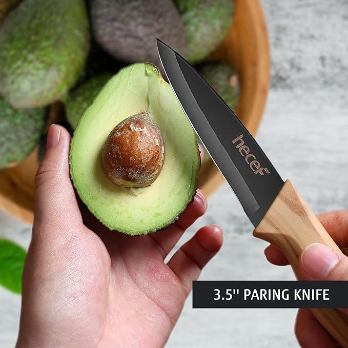 hecef Vintage Kitchen Knife Set of 3, Stainless Steel Blade with Black Non-stick Coating, Sharp Kitchen Knives Includes Santoku, Utility, Paring