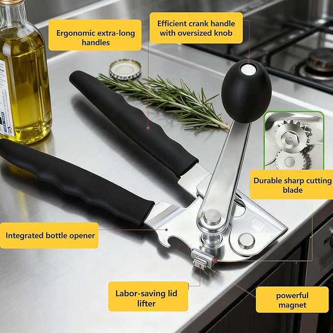 Commercial Can Opener, Hand Crank Can Opener Manual Heavy Duty, Ergonomic Design, with Comfortable Long Handles, Oversized Knob, Large Handheld Can Open Easy for Big Cans, for Seniors, Black