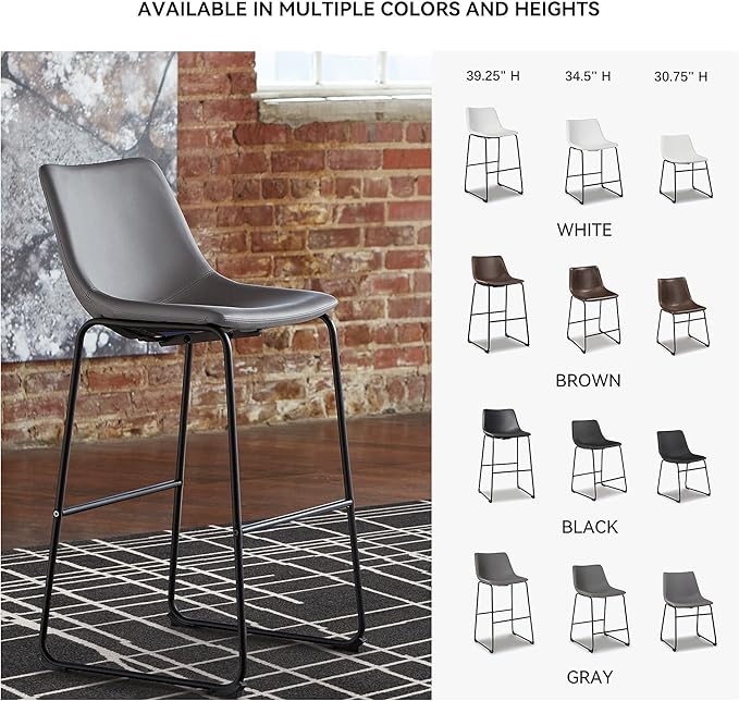 Signature Design by Ashley Centiar Modern Faux Leather 29" Pub Height Bar Stool, Set of 2, Gray