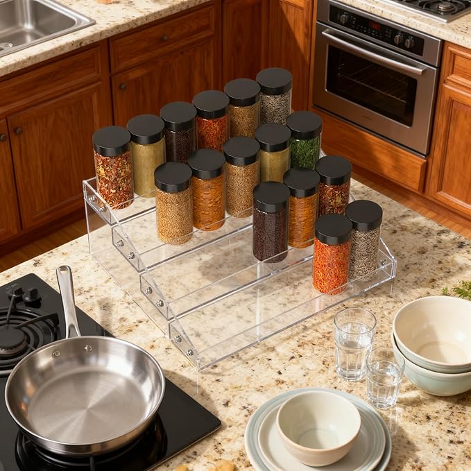 4 Tier Clear Spice Rack Organizer for Cabinet, Acrylic Display Riser Shelf Seasoning Organizer for Countertop Pantry Cupboard, Transparent Storage Holder for Kitchen Condiment Jar Spice Container