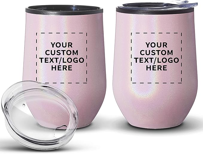 Custom Palmera Stemless Wine Tumblers with Lids 12 oz. Set of 6, Personalized Bulk Pack - Perfect for Wine, Cocktails, Other Hot & Cold Beverages - Iridescent Pink