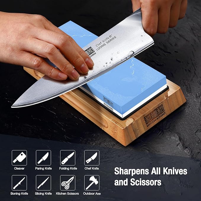 HOSHANHO Knife Sharpening Stone Set, Dual Grit Whetstone 1000/6000 Knife Sharpener, Wet Stone for Sharping Knives with Non-slip Rubber Base Angle Guide