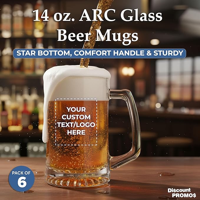 DISCOUNT PROMOS Custom ARC Glass Beer Mugs 14 oz. Set of 6, Personalized Bulk Pack - Great for Octoberfest, Pub, Restaurant - Clear