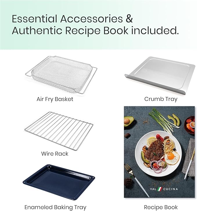 VAL CUCINA Retro Style Infrared Heating Air Fryer Toaster Oven, Extra Large Countertop Convection Oven 10-in-1 Combo, 6-Slice Toast, Enamel Baking Pan Easy Clean with Recipe Book, Green Color