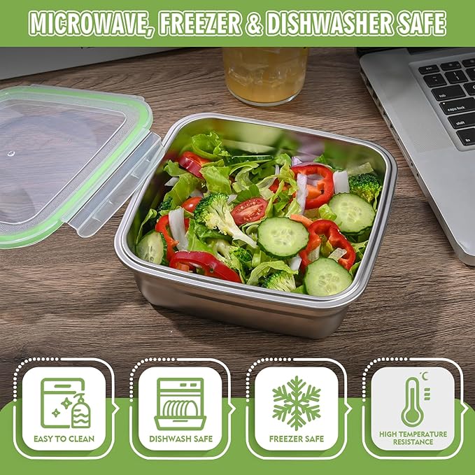 6 Pack Stainless Steel Food Storage Containers with Leak-Proof Lids, 2 Sets (12/24/40 oz) Reusable Metal Meal Prep Lunch Boxes, BPA-Free, Dishwasher Safe for Sandwich, Snacks & Fruit (Green)